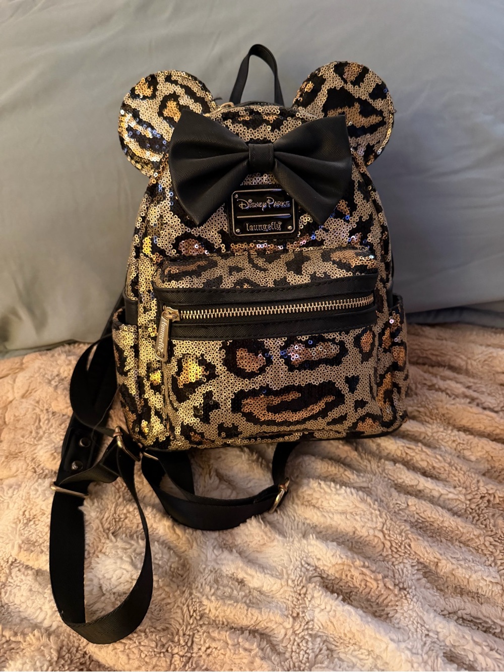 Loungefly Gold and Black Leopard Sequin Mini Backpack with Bow
